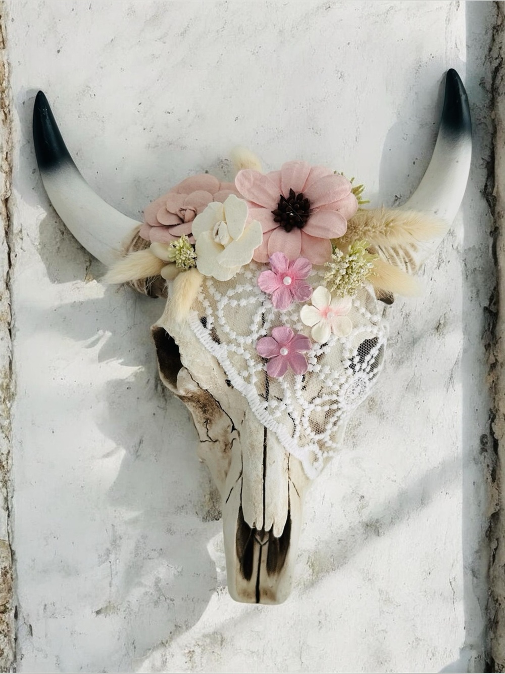 Floral Lace Cow Skull Wall Accent in Pink and Cream
